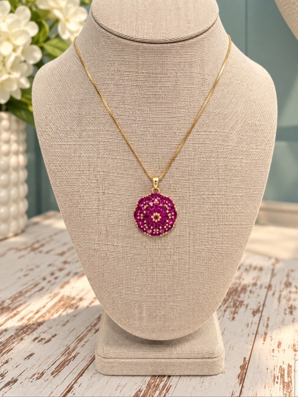 Yellow Gold Plated Sterling Silver 925 Imitation Ruby Floral Pendant Necklace